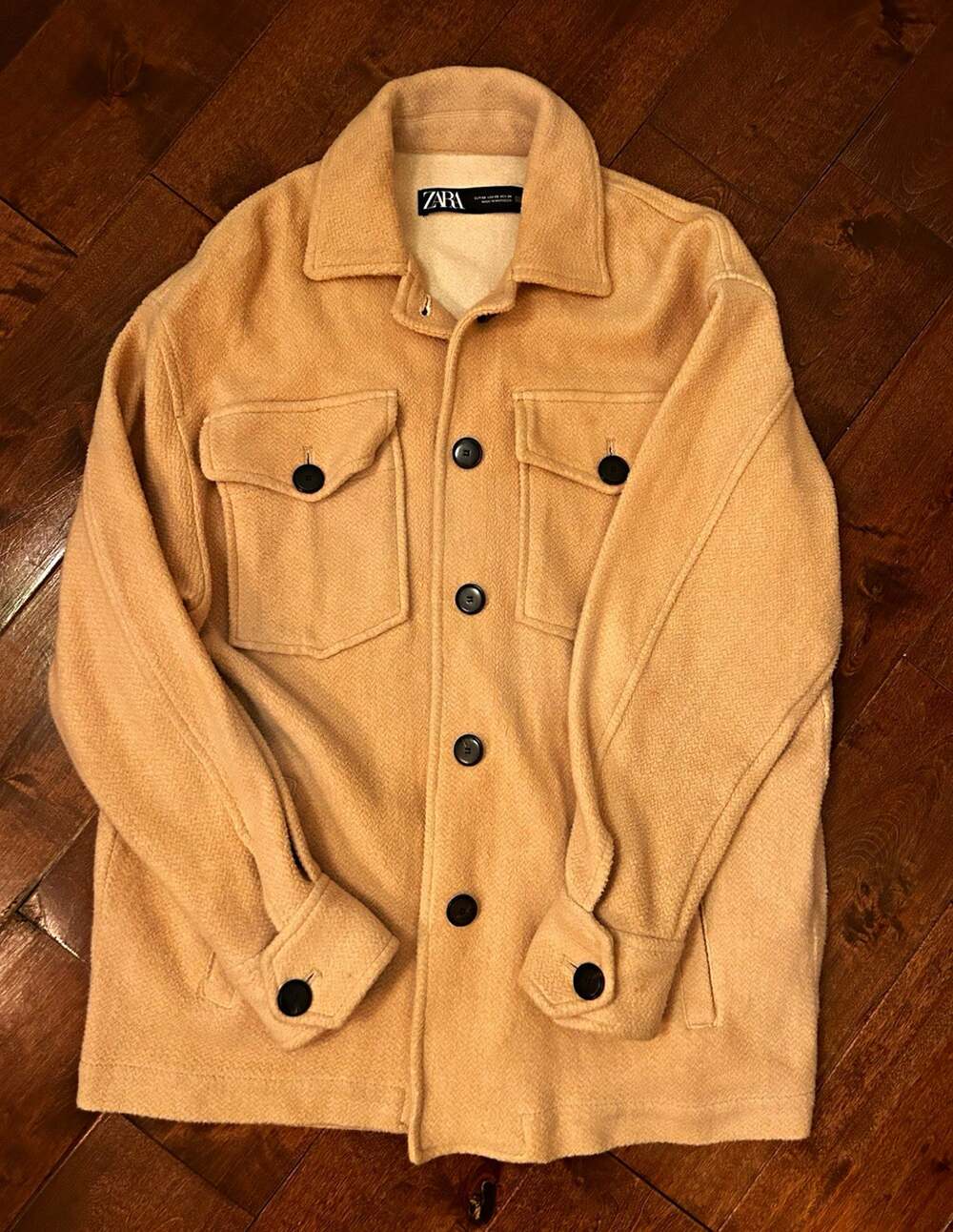 Zara Beige Fleece Shacket Jacket Button Front Collared Pockets Relaxed XS Beige